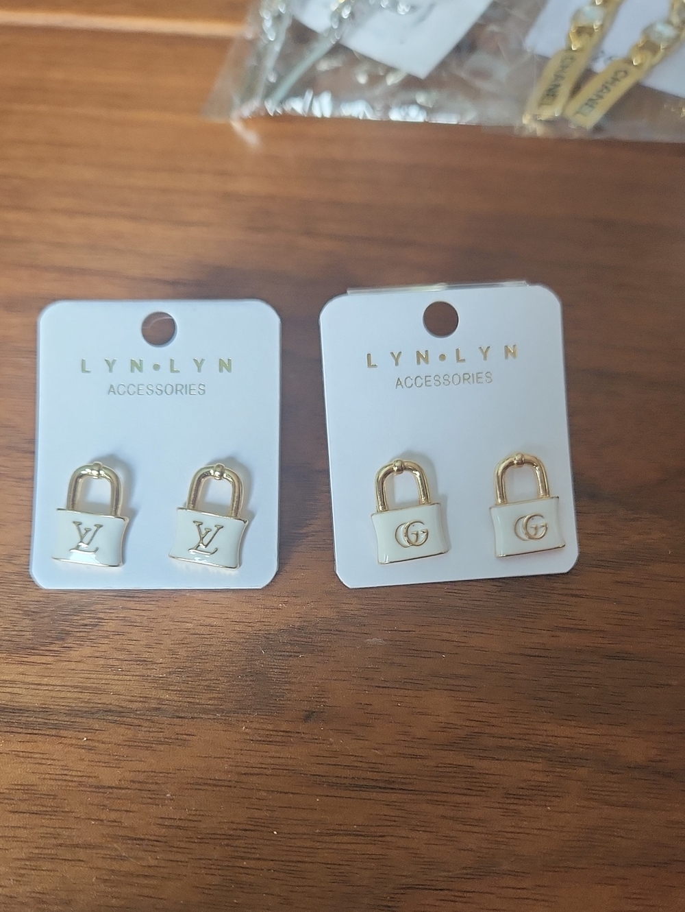 Fashion Jewelry White and Gold Padlock Stud Earrings - Set of 2